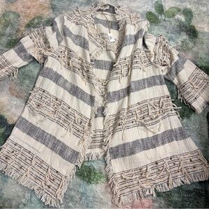 World Market L/XL Striped Fringe Open Front Woven Jacket NWT